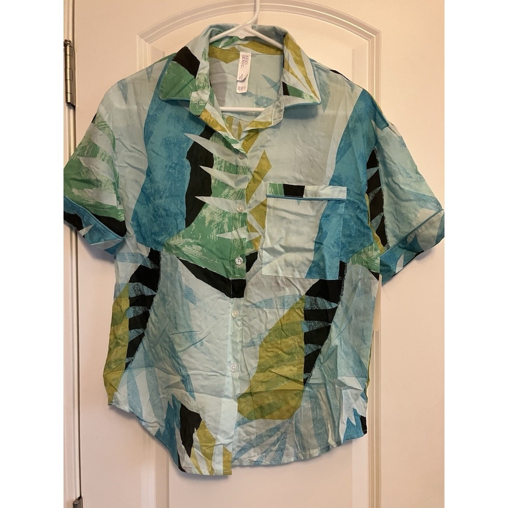 Stars Above Blue Leaf Tropical Button Pajama Shirt XS C846 NWT
